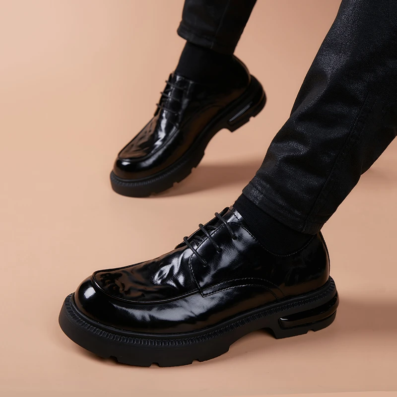 厚底增高圆头英伦风素面系带休闲皮鞋潮流百搭男士商务正装皮鞋