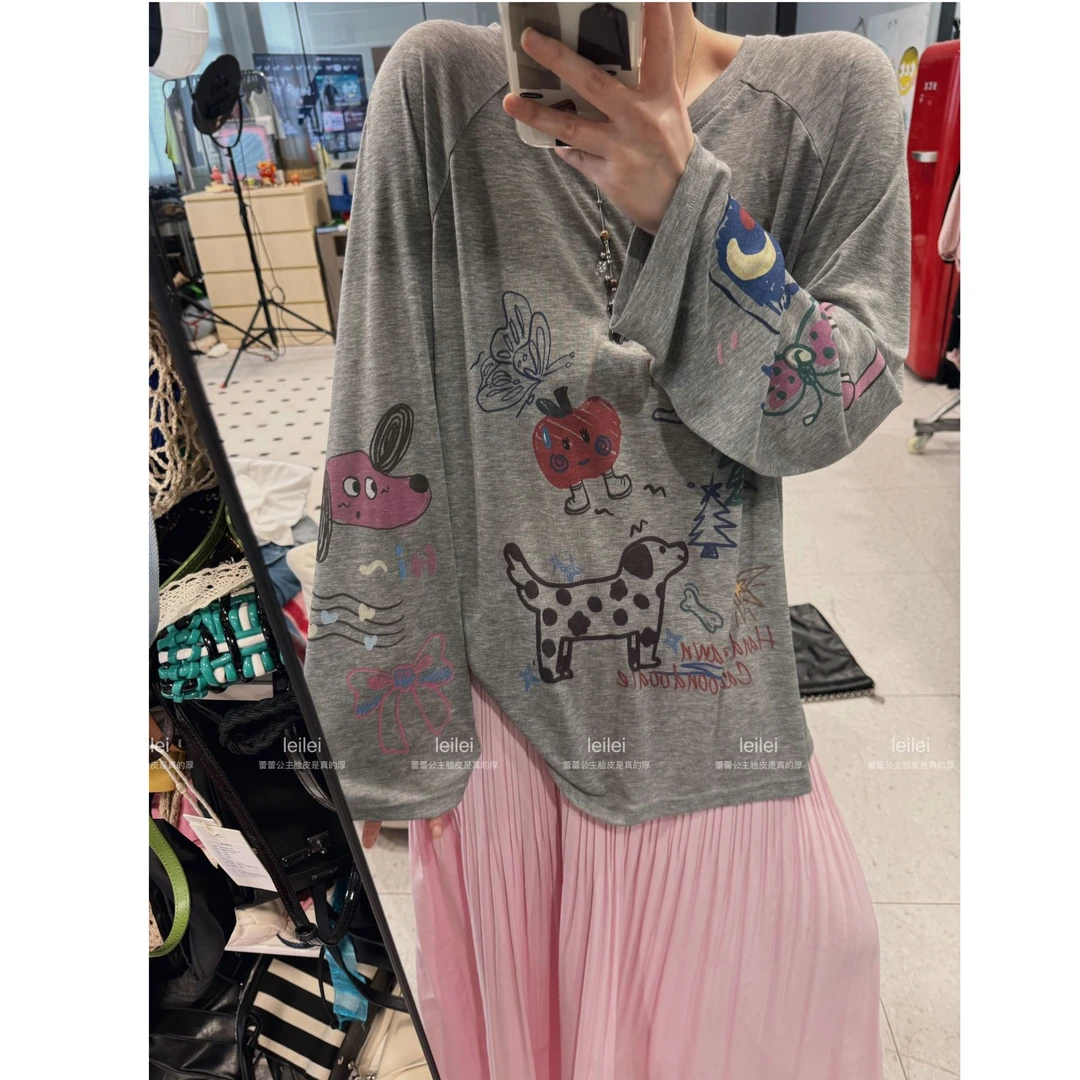 晶咕【大风车！】美式复古涂鸦宽松大版长袖T恤上衣