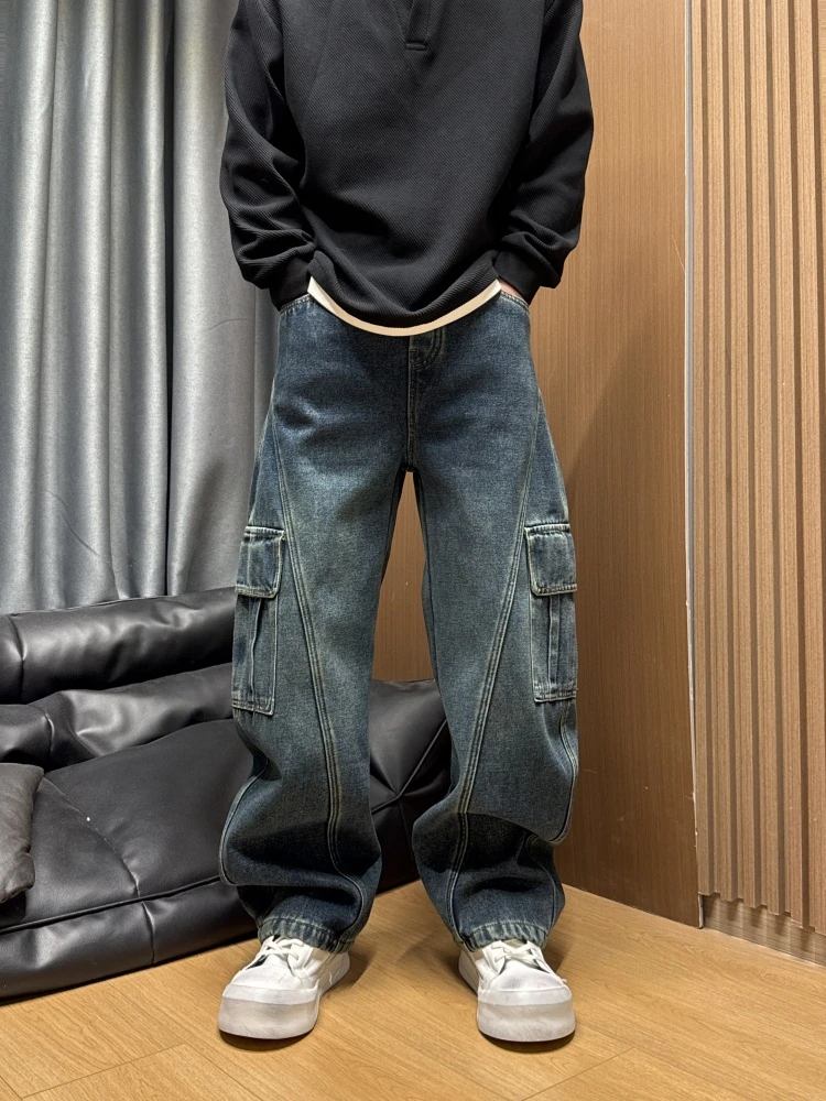 美式高街做旧复古水洗加绒拼接多口袋垂感直筒裤保暖加厚牛仔裤男