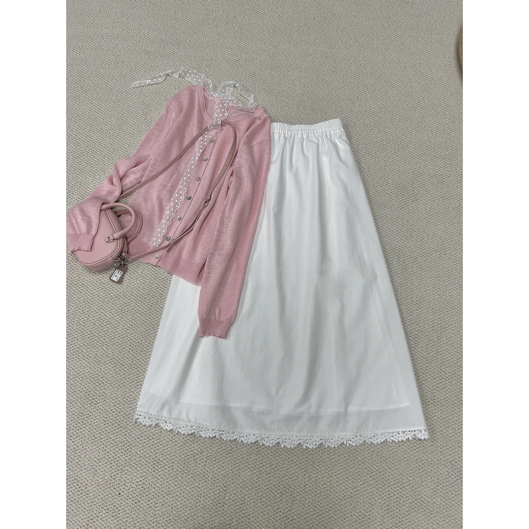 松紧腰蕾丝边白色半身裙J423（清）