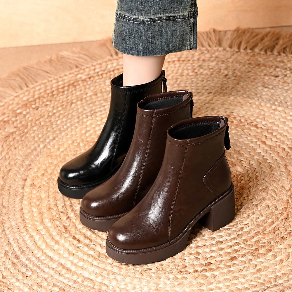 英伦风厚底增高加绒单靴秋冬季新款圆头粗跟后拉链气质显瘦短靴女
