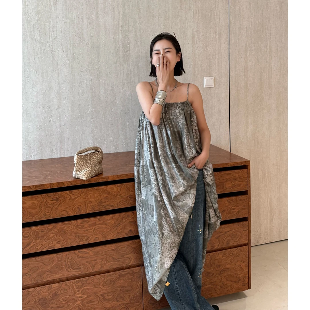 ICE DUST 印花吊带飘带连衣裙