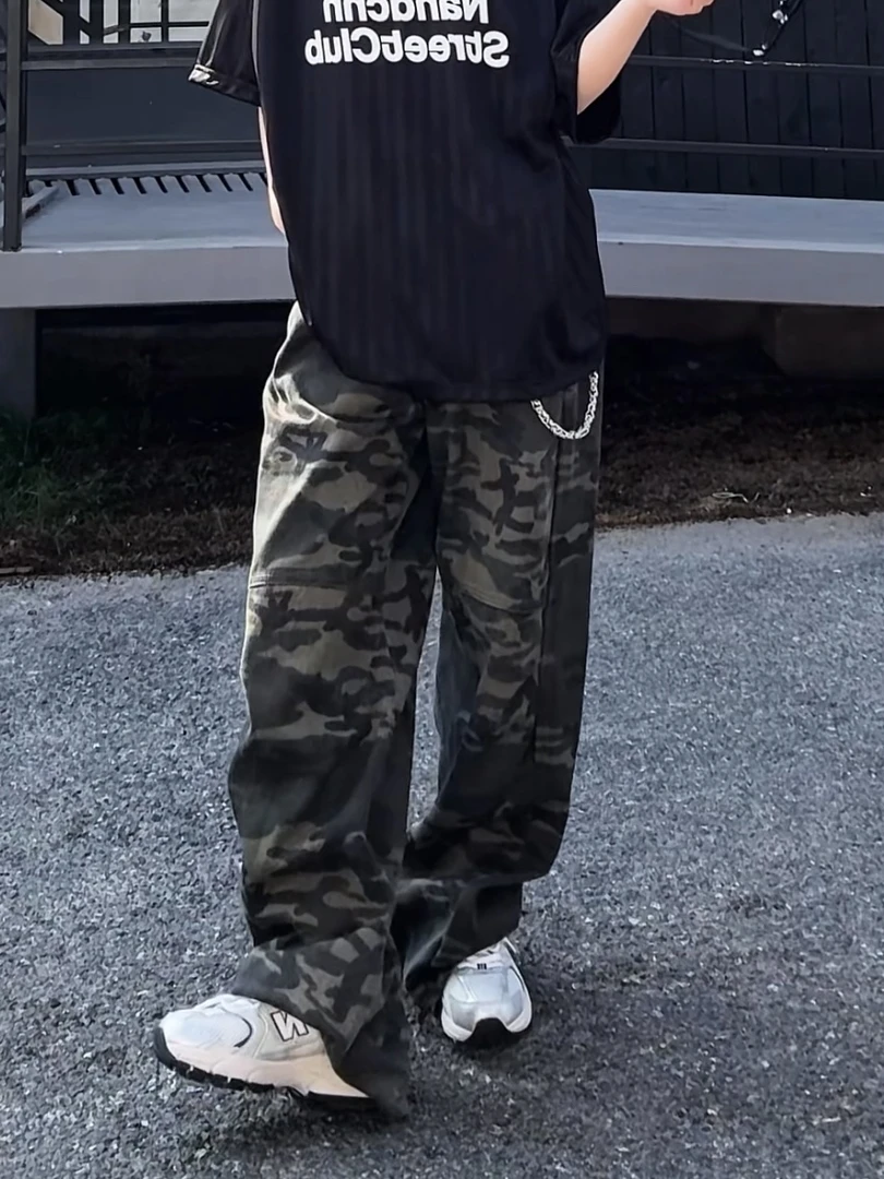 男道美式高街工装迷彩牛仔裤男春秋潮直筒阔腿cleanfit复古微喇裤