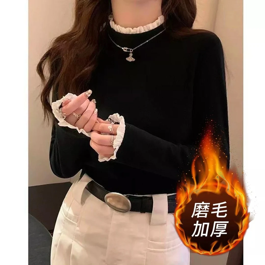 【磨毛加厚+运补】花边打底衫秋冬新款半高领蕾丝内搭长袖T恤上衣