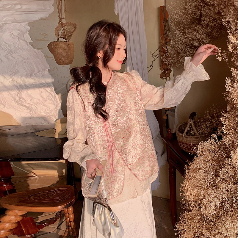粉色提花马甲小衫新中式套装女春季2025新款高级感国风气质两件套