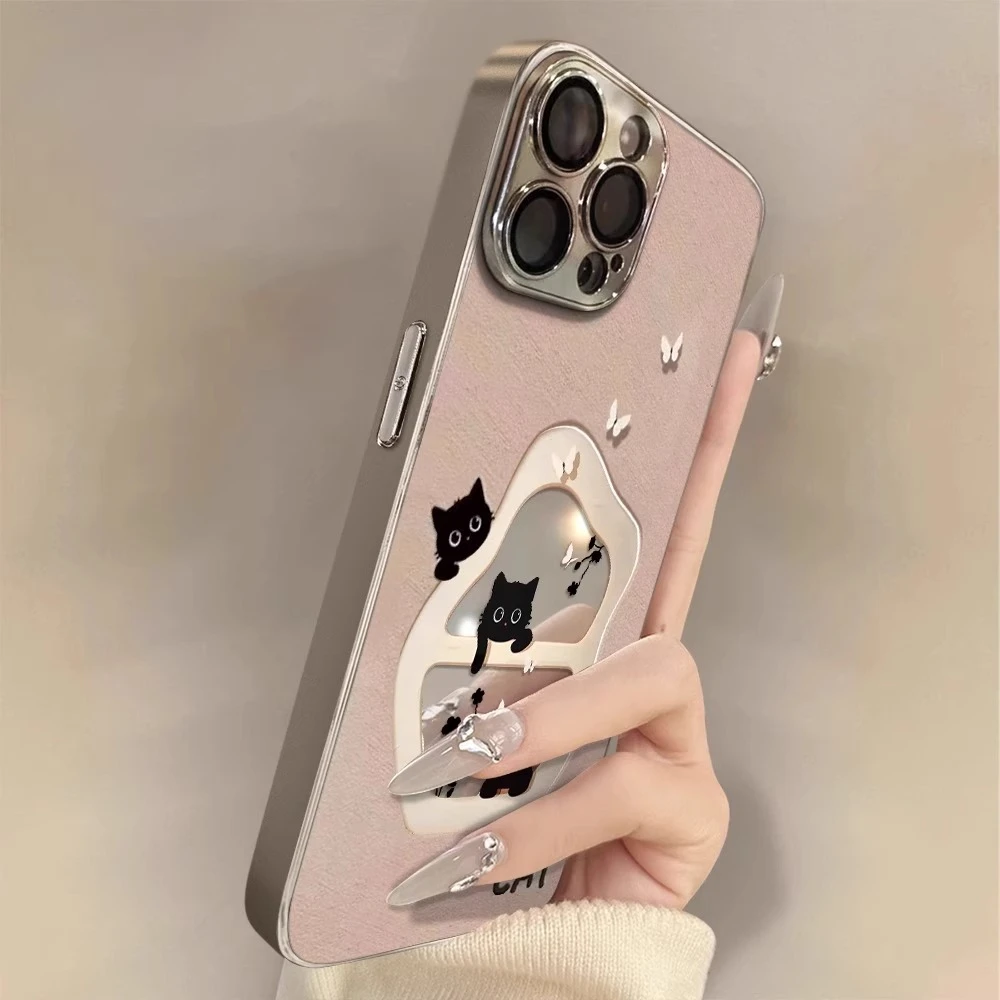 适用苹果16promax手机壳镂空黑猫iphone15全包防摔14pm保护套可爱