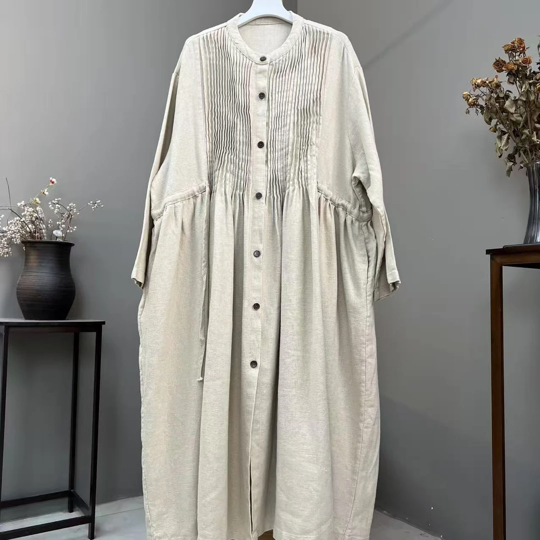 (轻舟)风衣长袍重工风琴褶雨露亚麻100麻(衣长122胸围150)