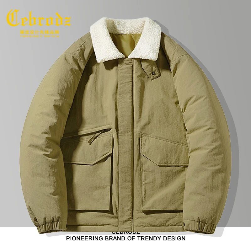 法国Cebrodz羽绒棉衣男士潮流工装羊羔绒翻领加厚保暖夹克冬外套