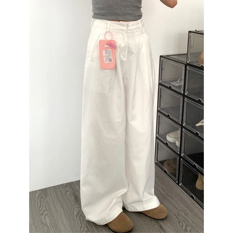 自留款推荐~白色阔腿牛仔裤女高腰褶皱纹理垂感直筒拖地裤