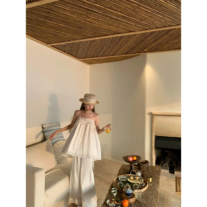 新款小众设计感气质套装白色宽松慵懒风吊带背心百搭垂感阔腿裤