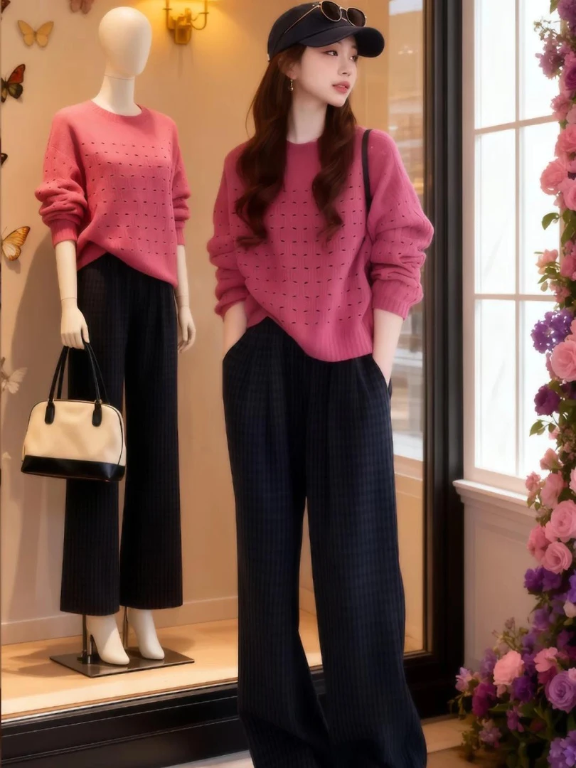 秋季穿搭一整套女2025新款多巴胺洋气简约上衣搭显瘦休闲裤两件套