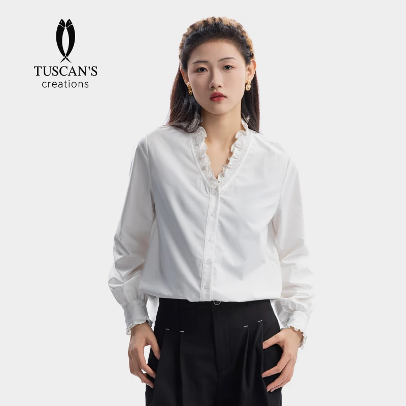 TUSCAN'S CREATIONS春季小众设计师款气质花边领衬衫休闲女士通勤