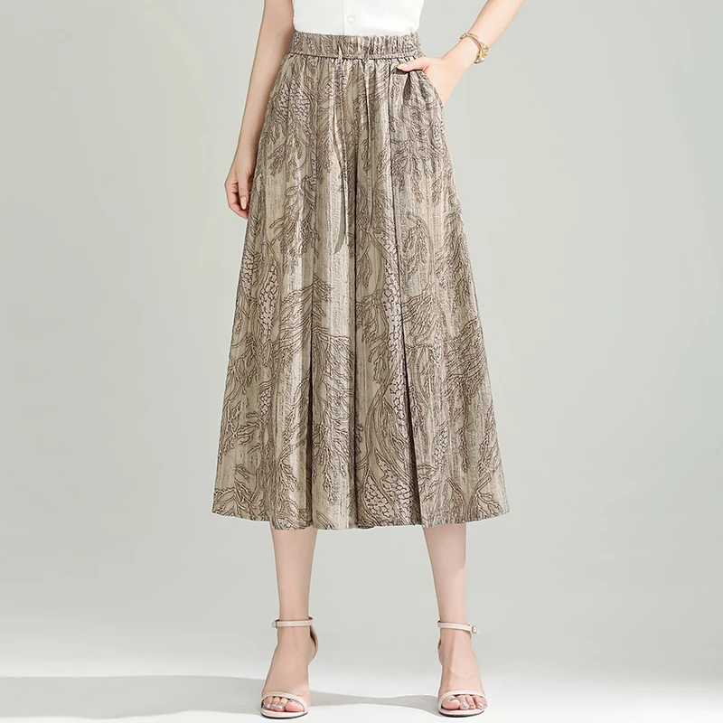 松紧腰印花阔腿裤女夏季薄款宽松a字裙裤2025新款垂感休闲七分裤