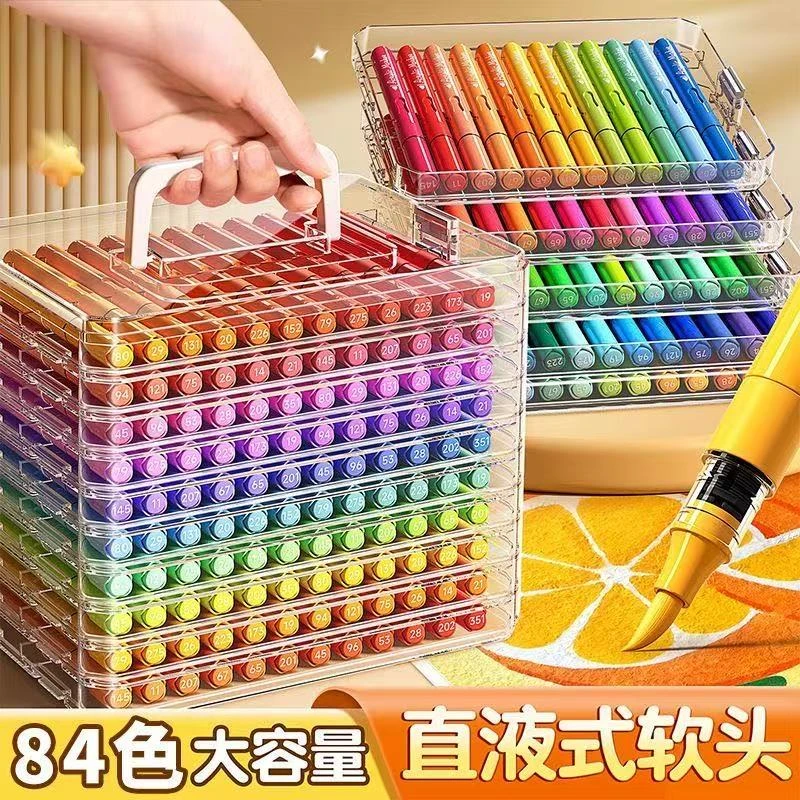 彩色笔杆直液式软头丙烯马克笔幼儿园不透色可叠色绘画专用水彩笔