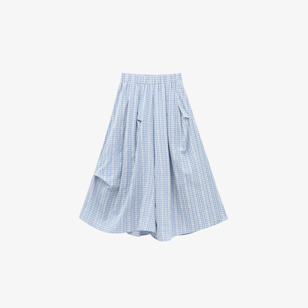 牛仔时尚休闲夏季格子百褶梭织格纹长裤----JKK000324【如如专属】