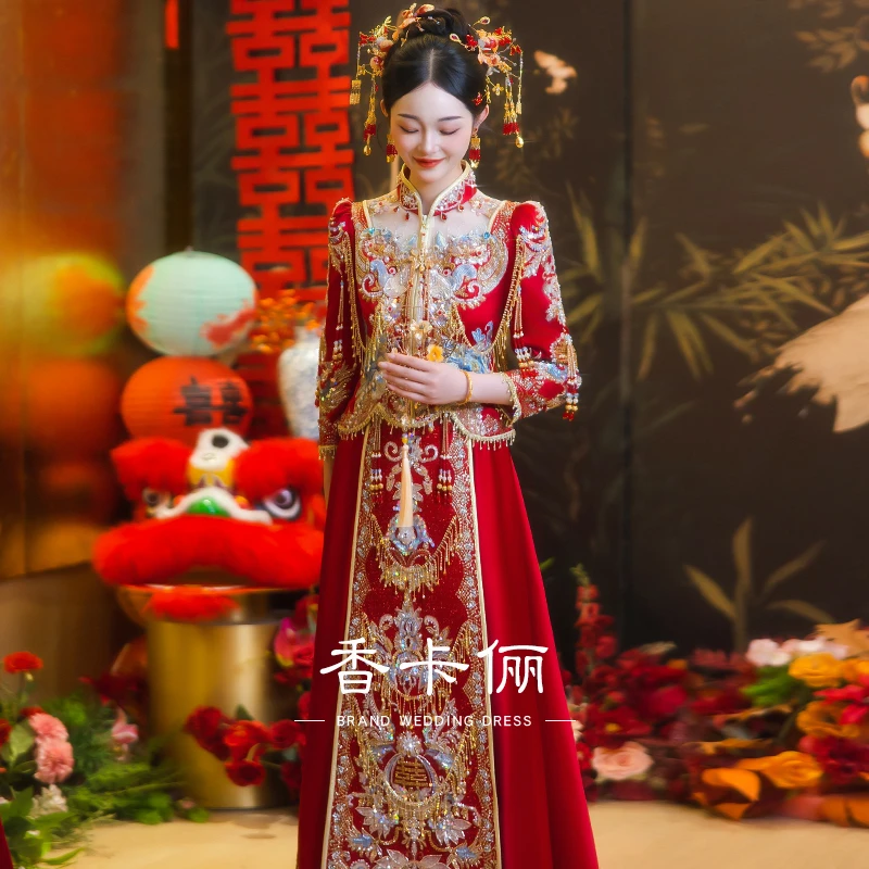 2025秀禾服新款高端中式嫁衣奢华新娘结婚敬酒服缎面珠绣迎亲礼服