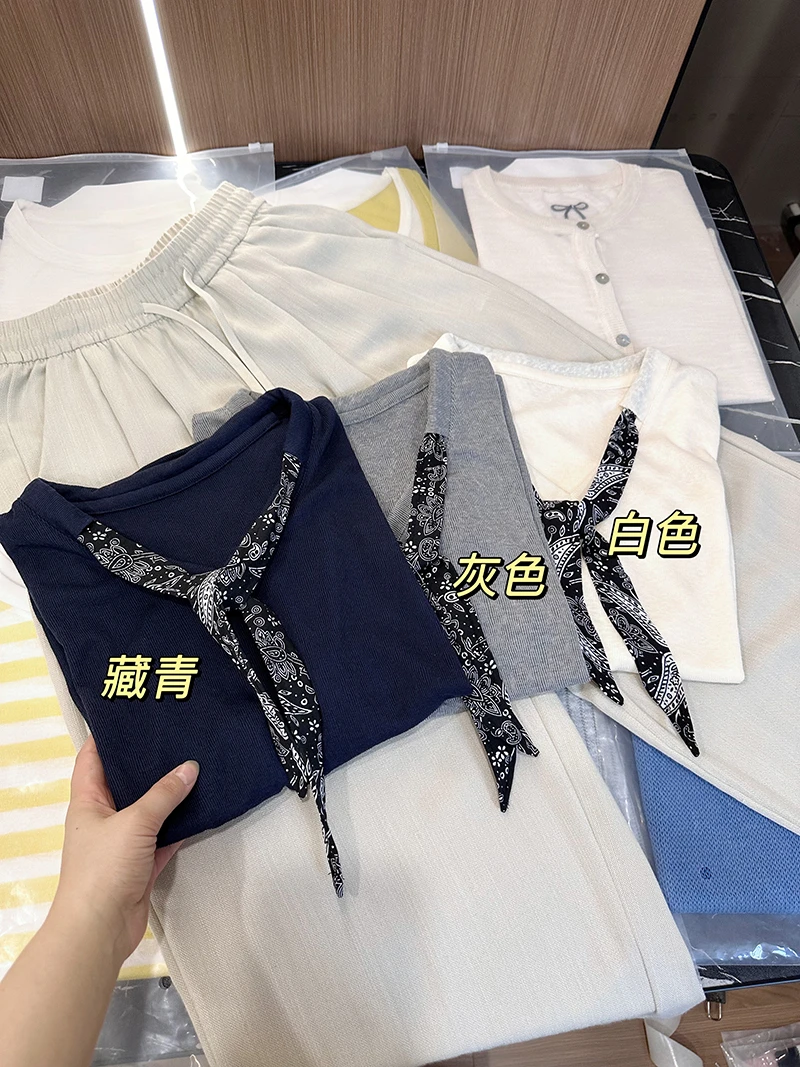 【简欧丝巾V领】夏季新款宽松显瘦气质小众设计款上衣女T恤短袖