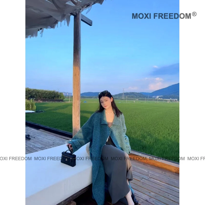 【精奢蓝谜】25年秋冬韩版蓝色宽松立领休闲中长款双面羊毛大衣外套