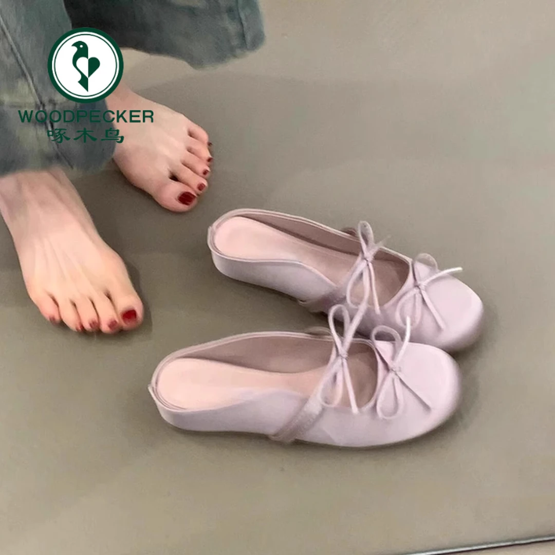 啄木鸟内增高平底舒适包头凉鞋蝴蝶结一字带绸缎面圆头半拖鞋女潮