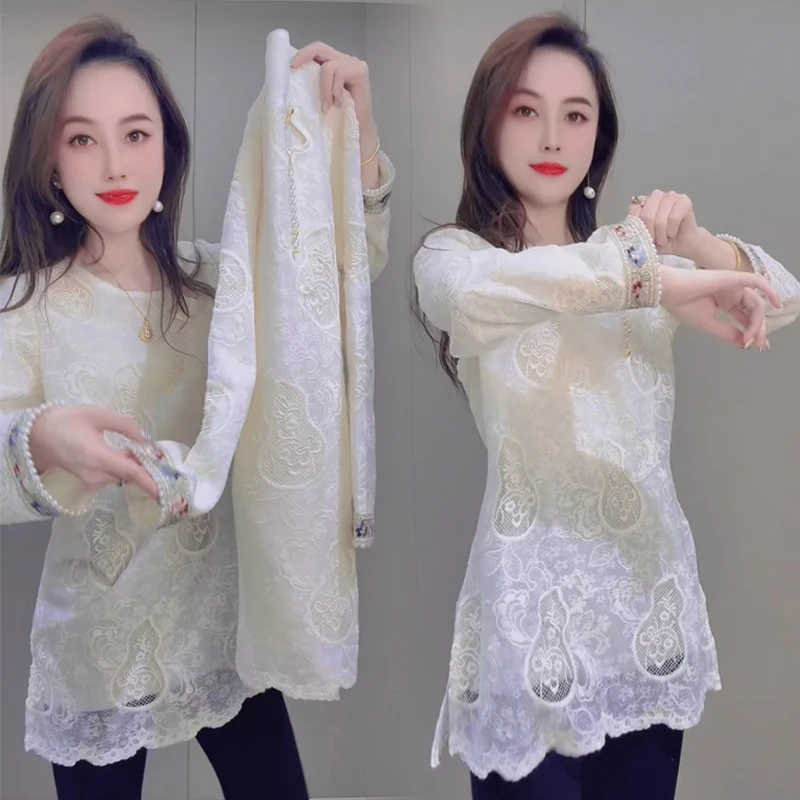 冬季新款蕾丝衫女重工刺绣国风蕾丝大衫气质宽松中长款蕾丝上衣潮
