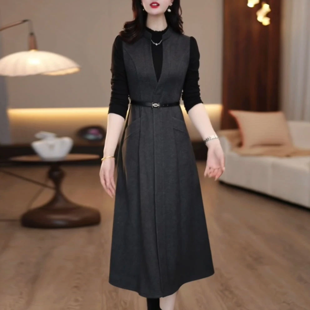 8229#高端气质假两件连衣裙女秋冬新款2025时尚百搭裙子