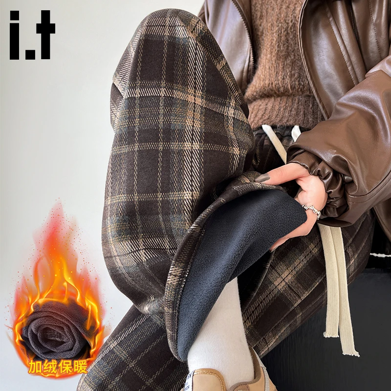 i.t:CHOCOOLATE加绒加厚休闲裤女冬季高腰宽松小个子格子直筒卫裤