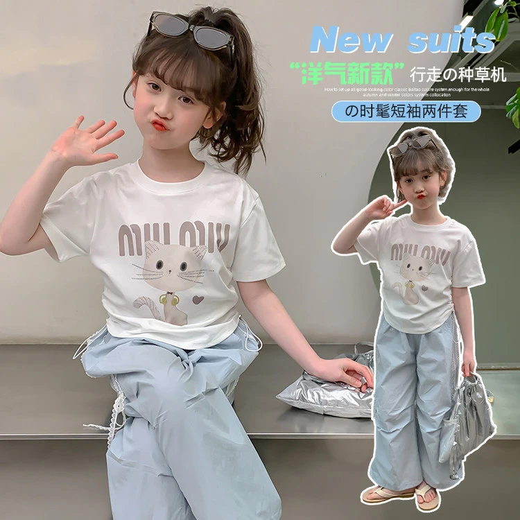 2025夏季新款短袖休闲裤套装卡通印花薄款女童中大童