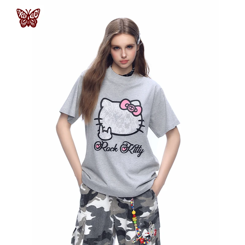 KBLC25春夏基础恶搞摇滚蕾丝猫印花搞笑情侣索罗纳凉感短袖T恤