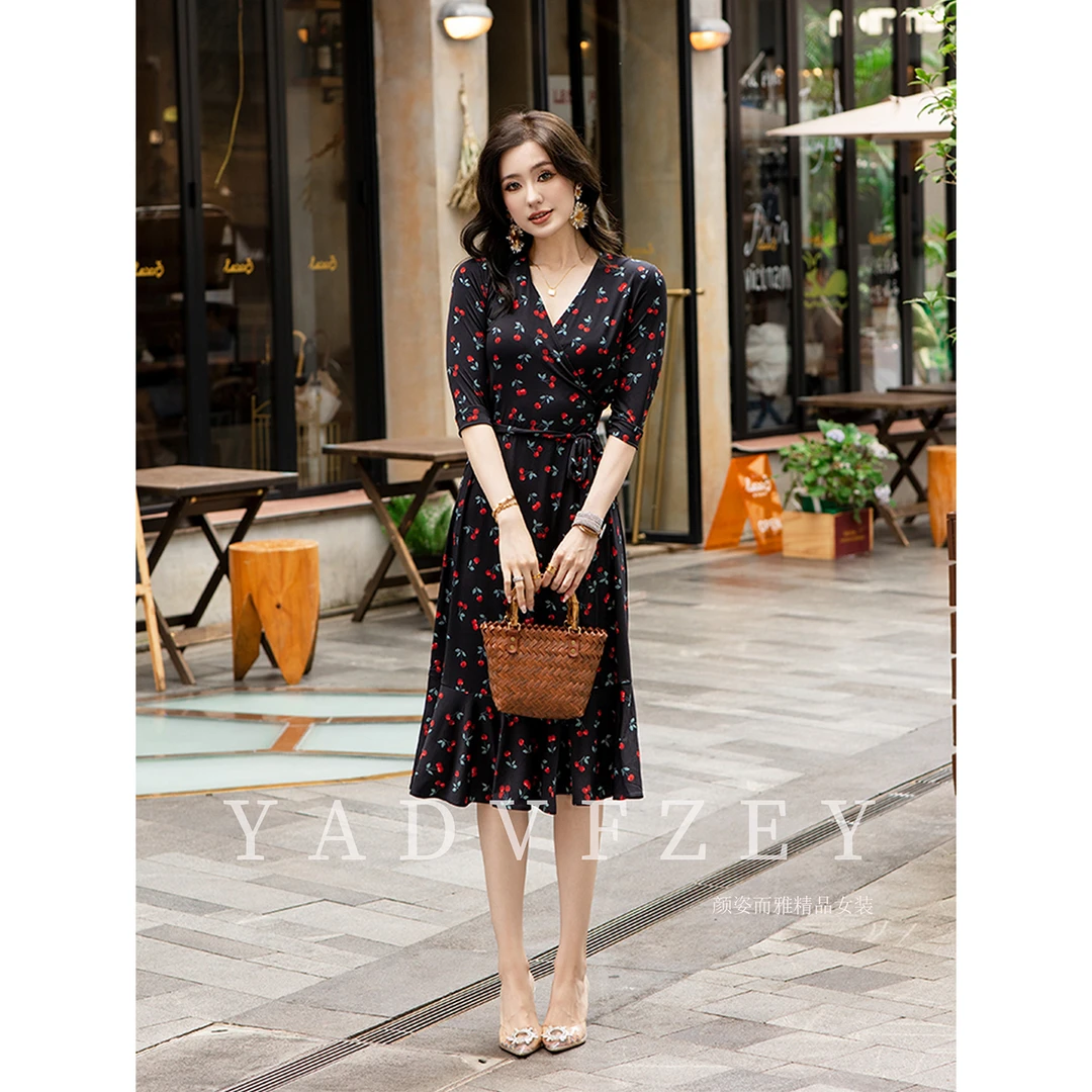 红色樱桃~夏季新款鱼尾摆裹身裙气质收腰小个子穿搭一片式连衣裙