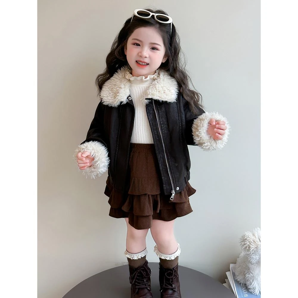 女童时尚加绒皮衣秋冬季2025新款韩版洋气儿童保暖加厚冬装夹克衫
