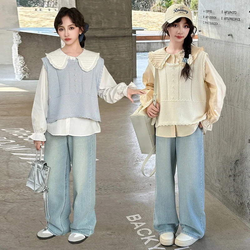 中大童2025女童新款时尚花边领衬衫马甲阔腿牛仔裤三件套