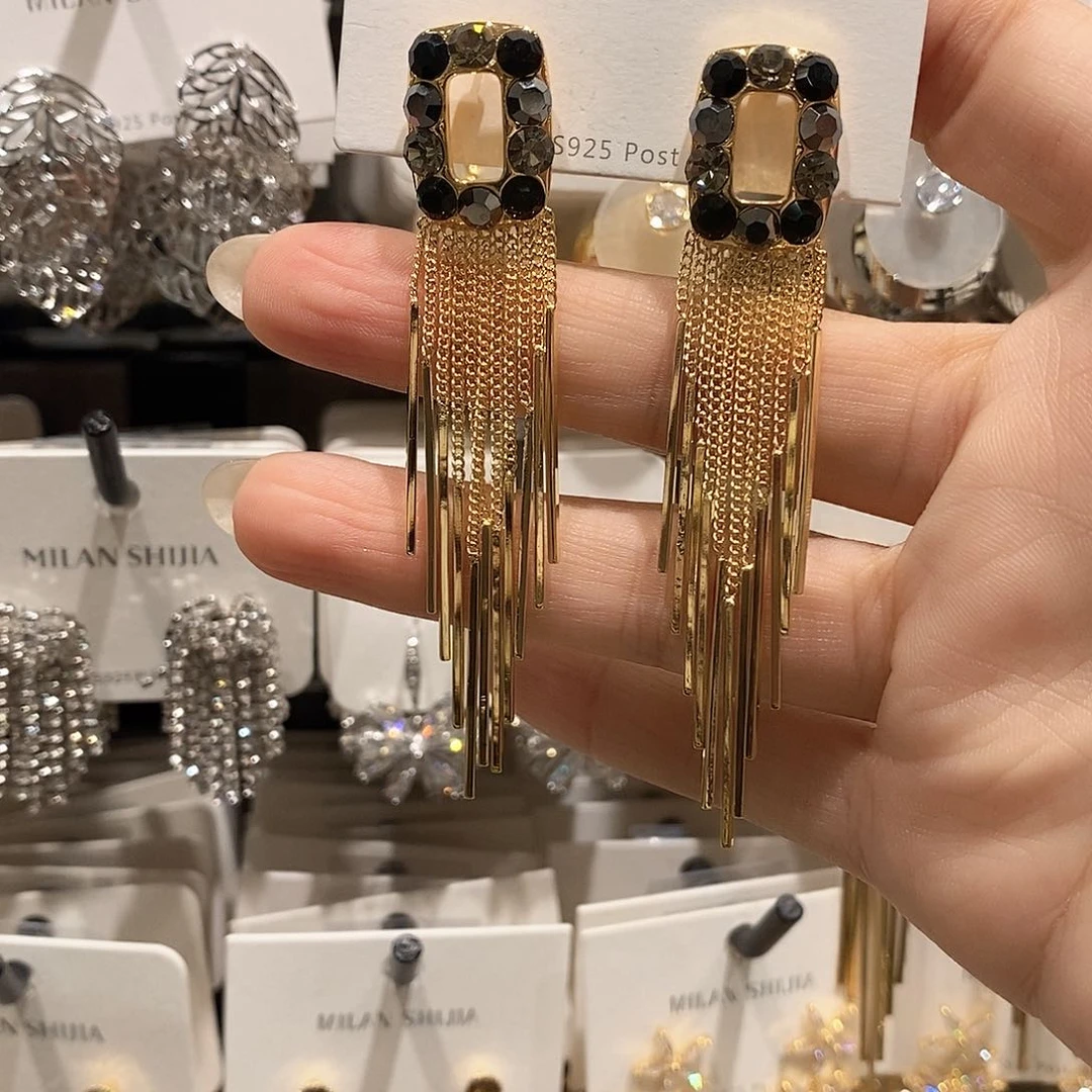 铜合金925银合成立方氧化锆方形锆石流苏黑色