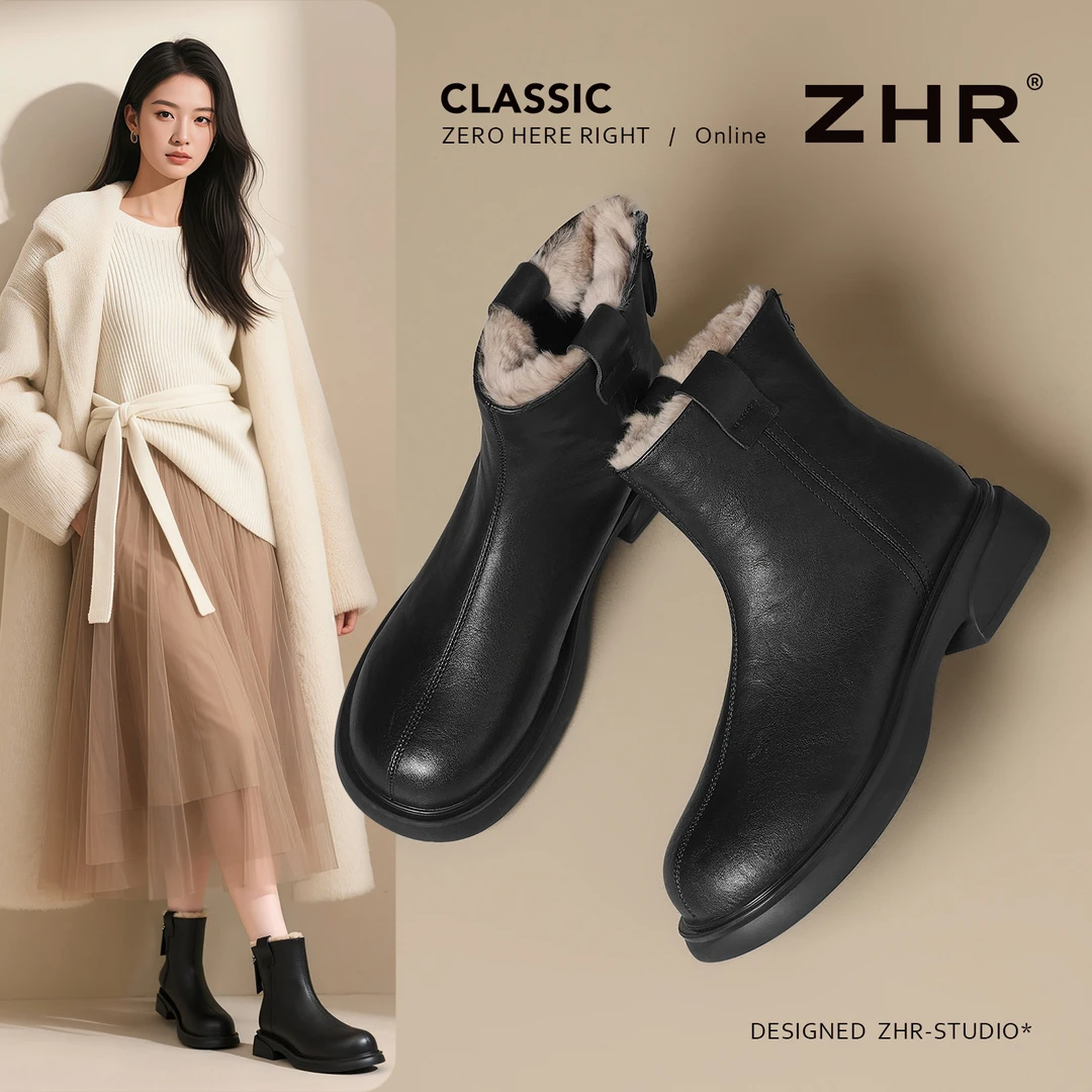 ZHR/则则绵密兔毛瘦瘦靴女2025冬季加绒平底短靴百搭雪地靴棉鞋女