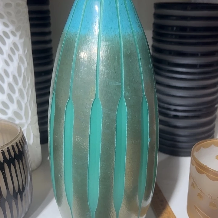 琉璃手工艺品绿色磨刻花瓶花器高32口5微瑕