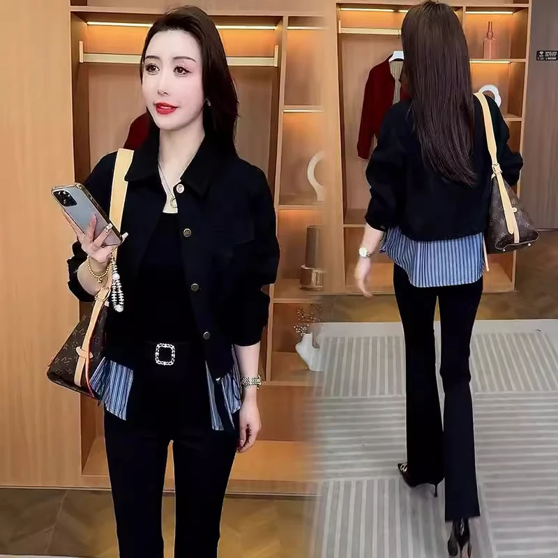 时尚假两件牛仔外套女2025春秋新款洋气宽松显瘦百搭休闲夹克上衣