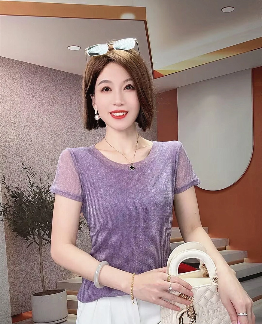 圆领亮丝弹力网纱短袖T恤女夏季时尚修身显瘦休闲百搭圆领小衫潮t
