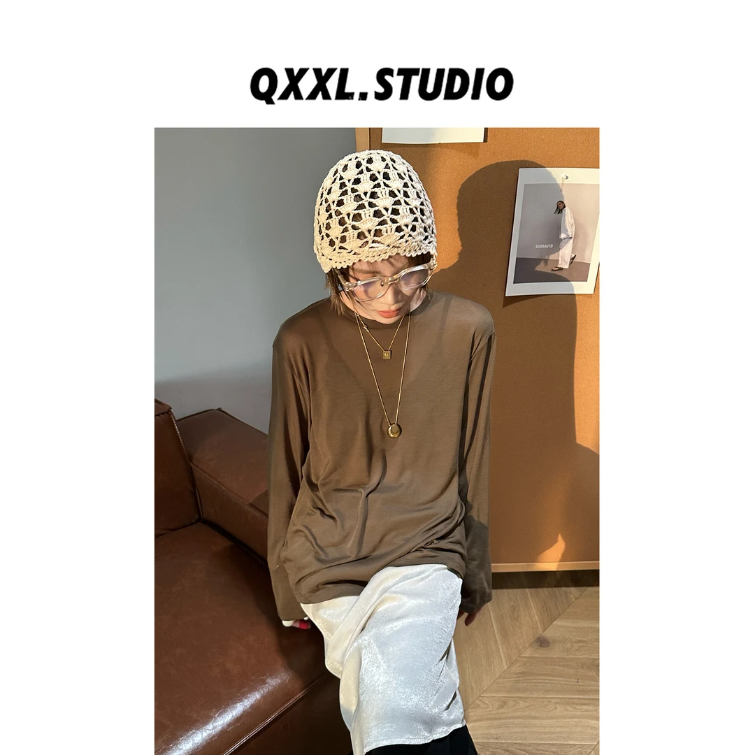 邱小小丽呀 秋季新款纯色长袖面膜T恤百搭通勤休闲薄款打底上衣