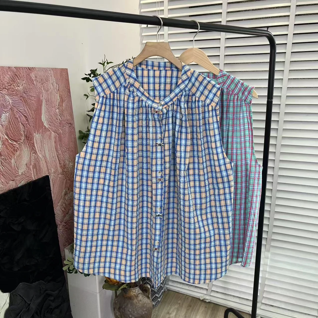 日系色织格「蝴蝶结装饰宽松单排扣」背心女E5479