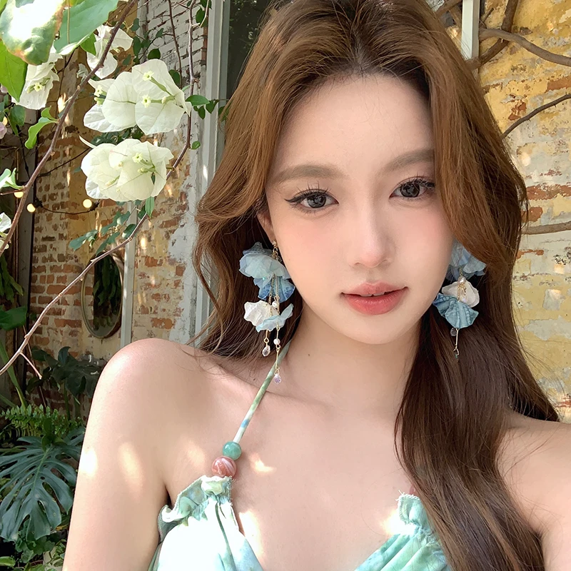 铜合金耳饰 夏日蓝色花朵流苏耳环2025新款独特夸张度假风绝美
