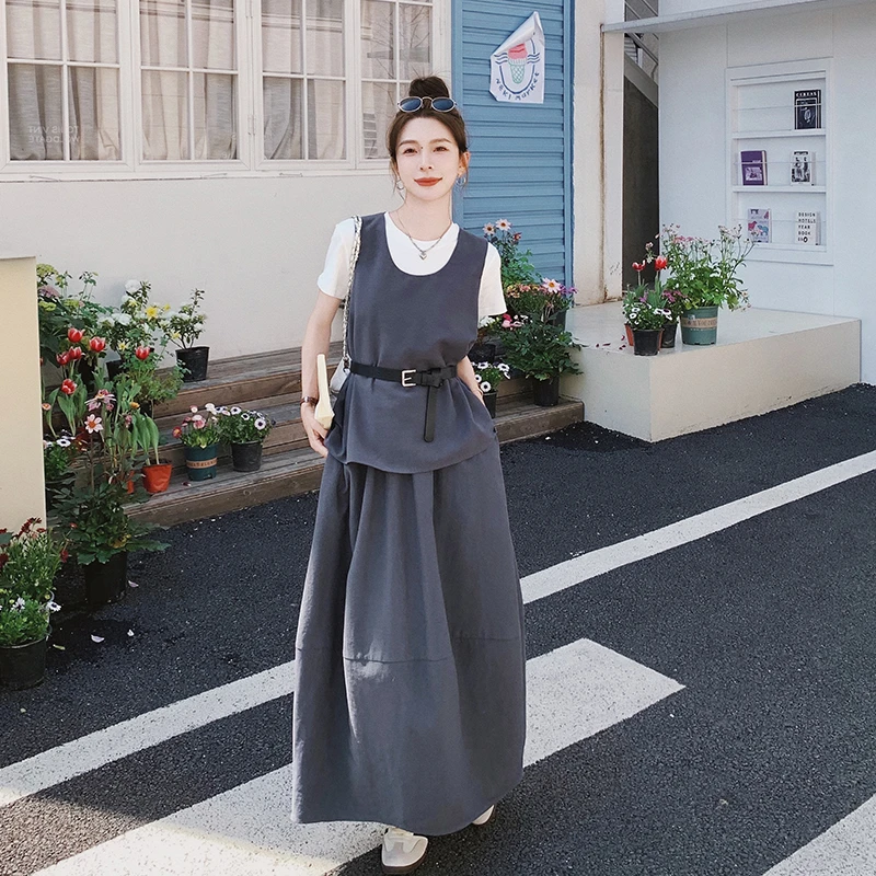 韩系灰色时尚休闲背心半身裙套装女2025夏新款今年流行显瘦三件套