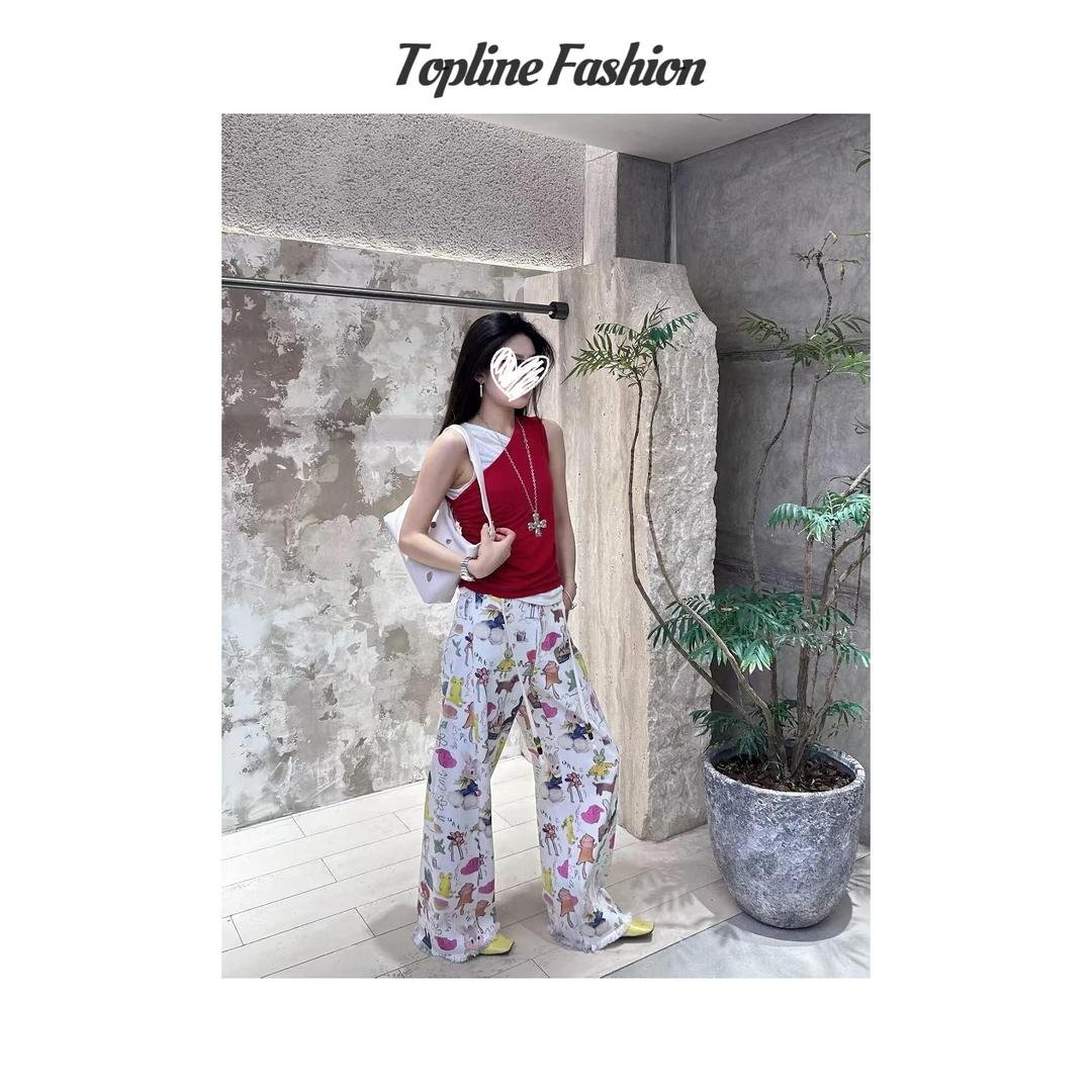 【鱼家高货】韩式涂鸦卡通印花阔腿裤休闲裤子25276