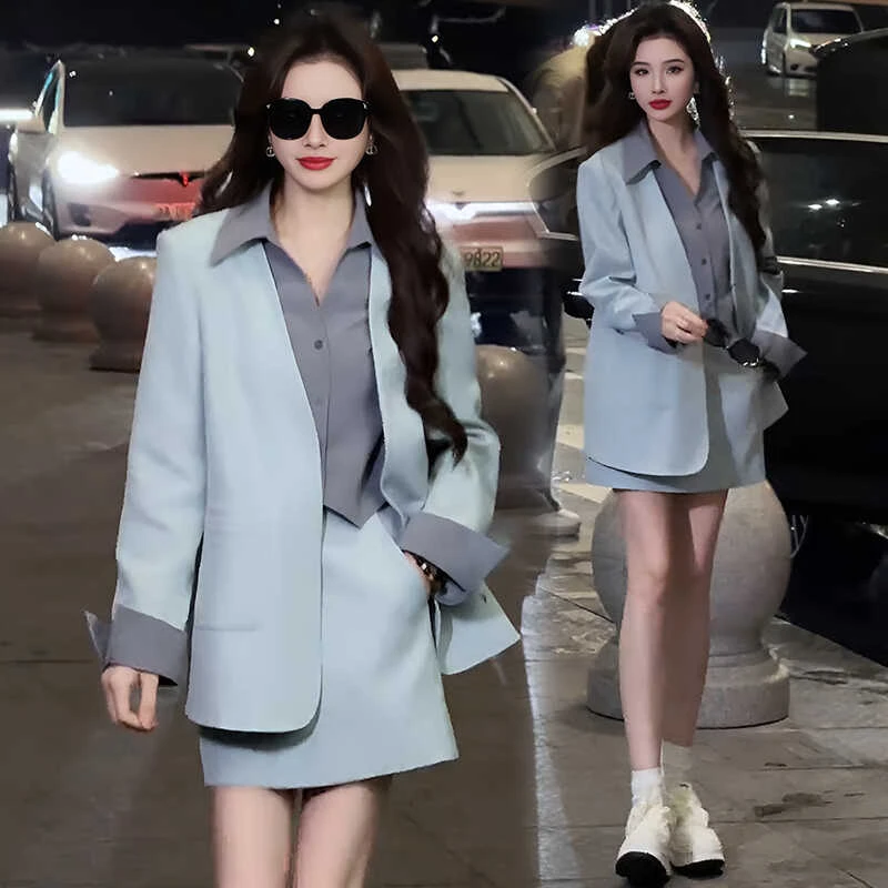 2025春秋新款韩版时尚气质假两件西装外套半裙女装御姐职场套装裙