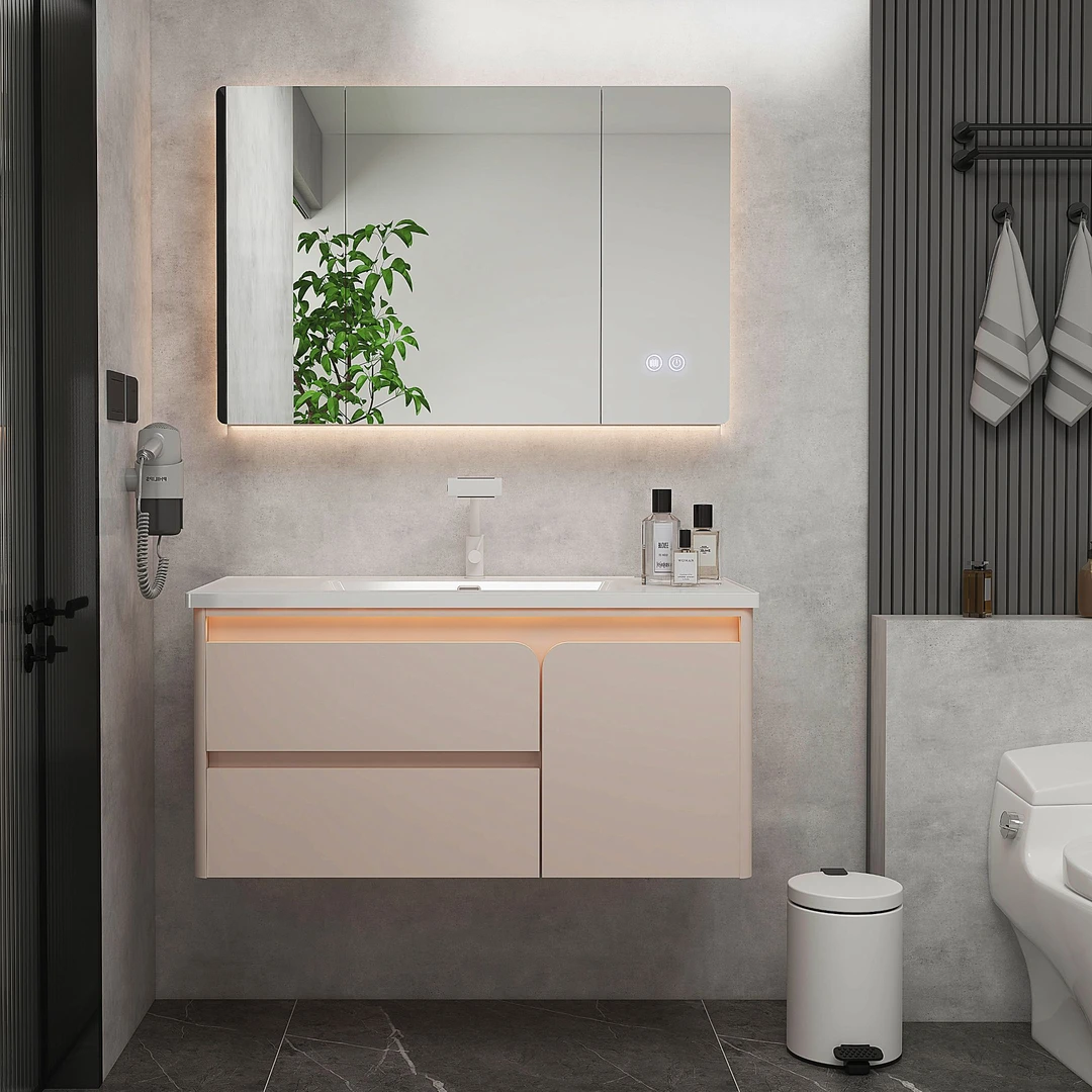 SENSGO/尚上居807新奶咖色全橡胶木全烤漆陶瓷一体盆智能镜浴室柜