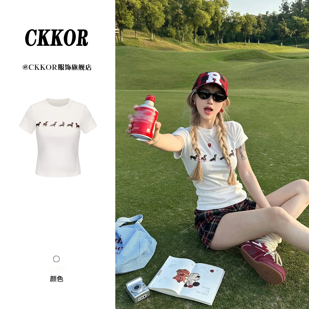 CKKOR新款女装夏季正肩短袖t恤女时尚洋气休闲服甜辣妹风潮牌女装