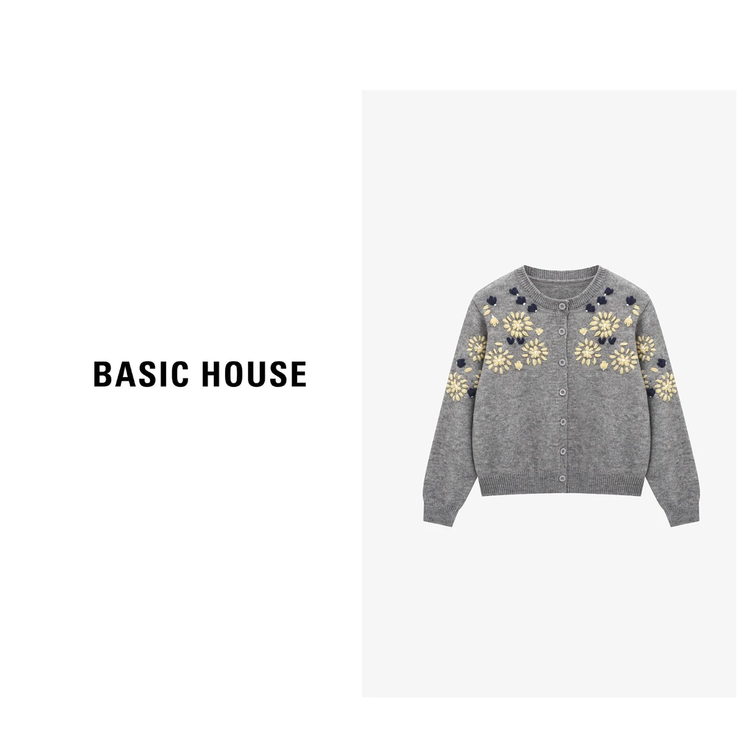 Basic House/百家好秋冬新款时尚刺绣花卉小草毛衣-B0625B5MZN2