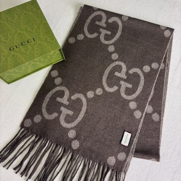 未使用 GUCCI/古驰 TW0254/未使用/大G logo双面流苏羊绒围巾