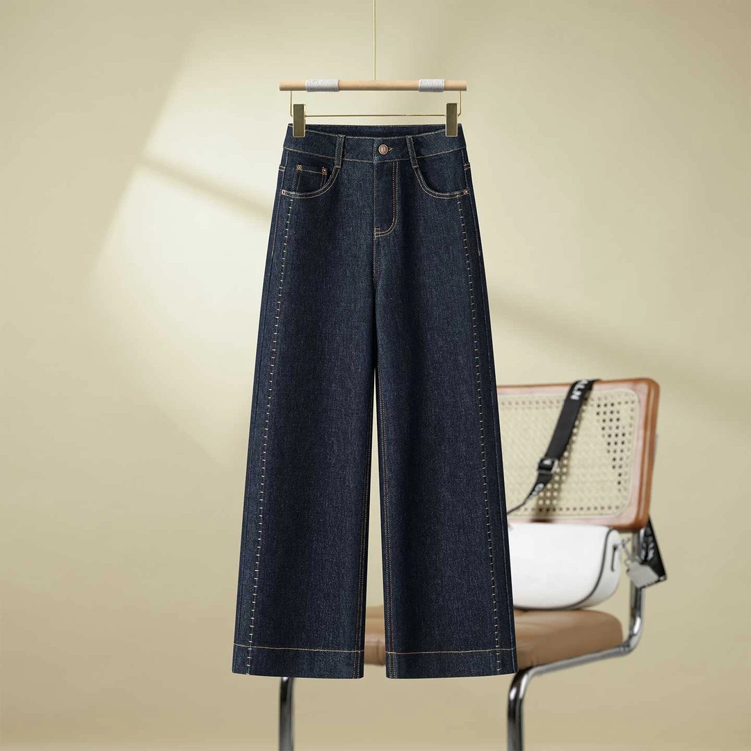 深蓝色阔腿牛仔裤女士2025秋季新款高腰显瘦垂感九分窄版直筒裤子