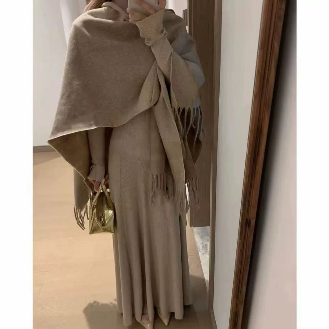 【气质人鱼】早秋新款披肩连衣裙收腰显瘦垂感打底长裙套装