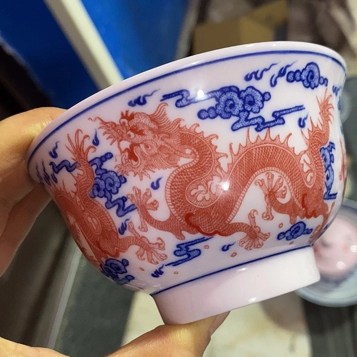 摆件陶4.5寸红稀土矾红龙纹碗