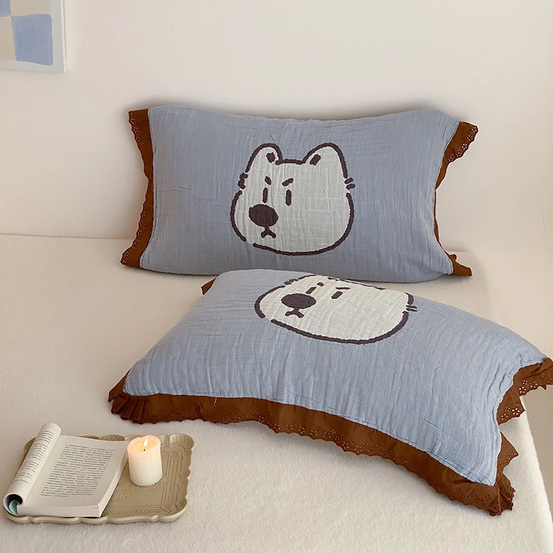 §卡通萌趣全棉印花纱布枕巾一对装防滑枕巾